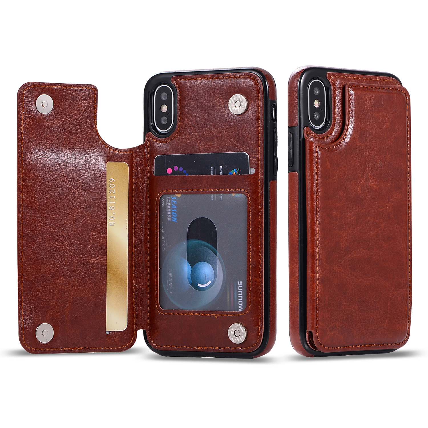 iPHONE Xr Flip Book Leather Style Credit Card Case (Brown)